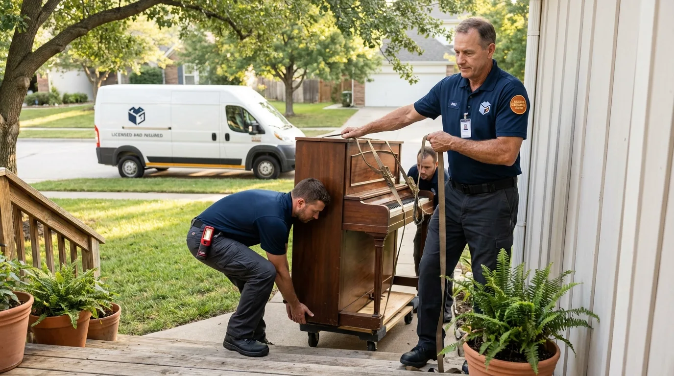 Licensed piano movers securing grand piano in Springville, AL